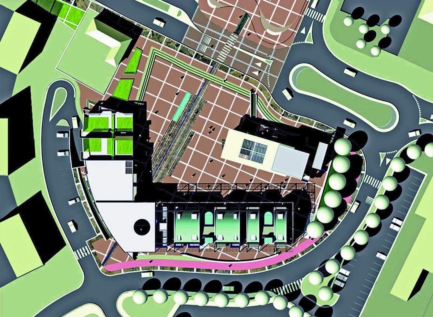 Planimetria della piazza con i tre corpi di fabbrica e i percorsi