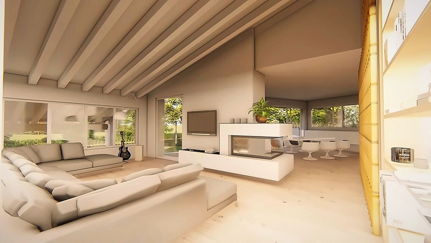 The living room with exposed beams and central fireplace