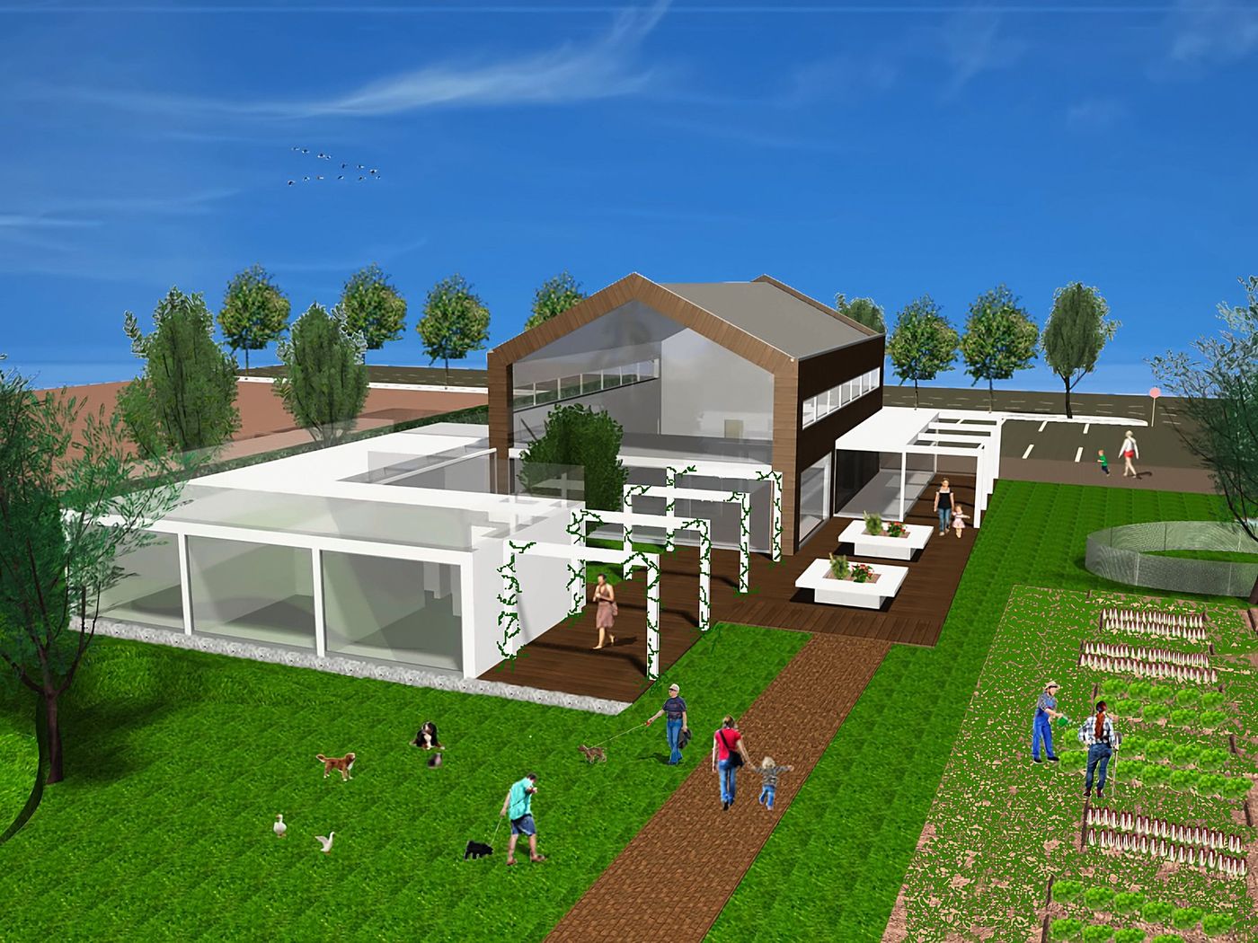 The front of the farm with the glazed greenhouse, the vegetable gardens and the pergola
