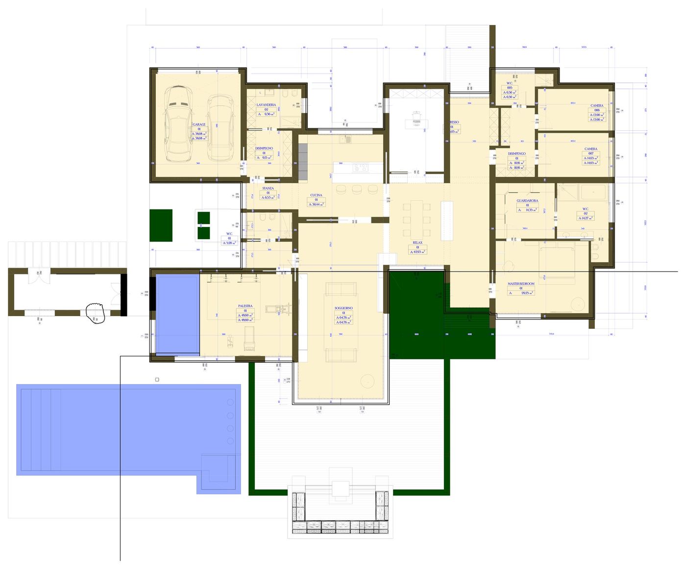 Ground-floor plan: garage, kitchen and dining in the centre, bedrooms to the east, gym with the pool and swimming pool to the west