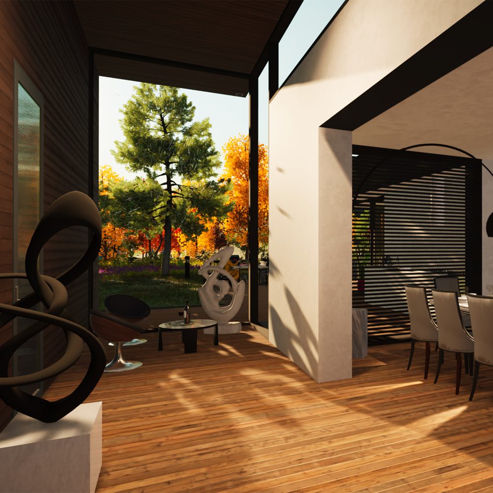 Villa Terren: the dining area open onto the autumn garden, with the sculpture and the wooden floor